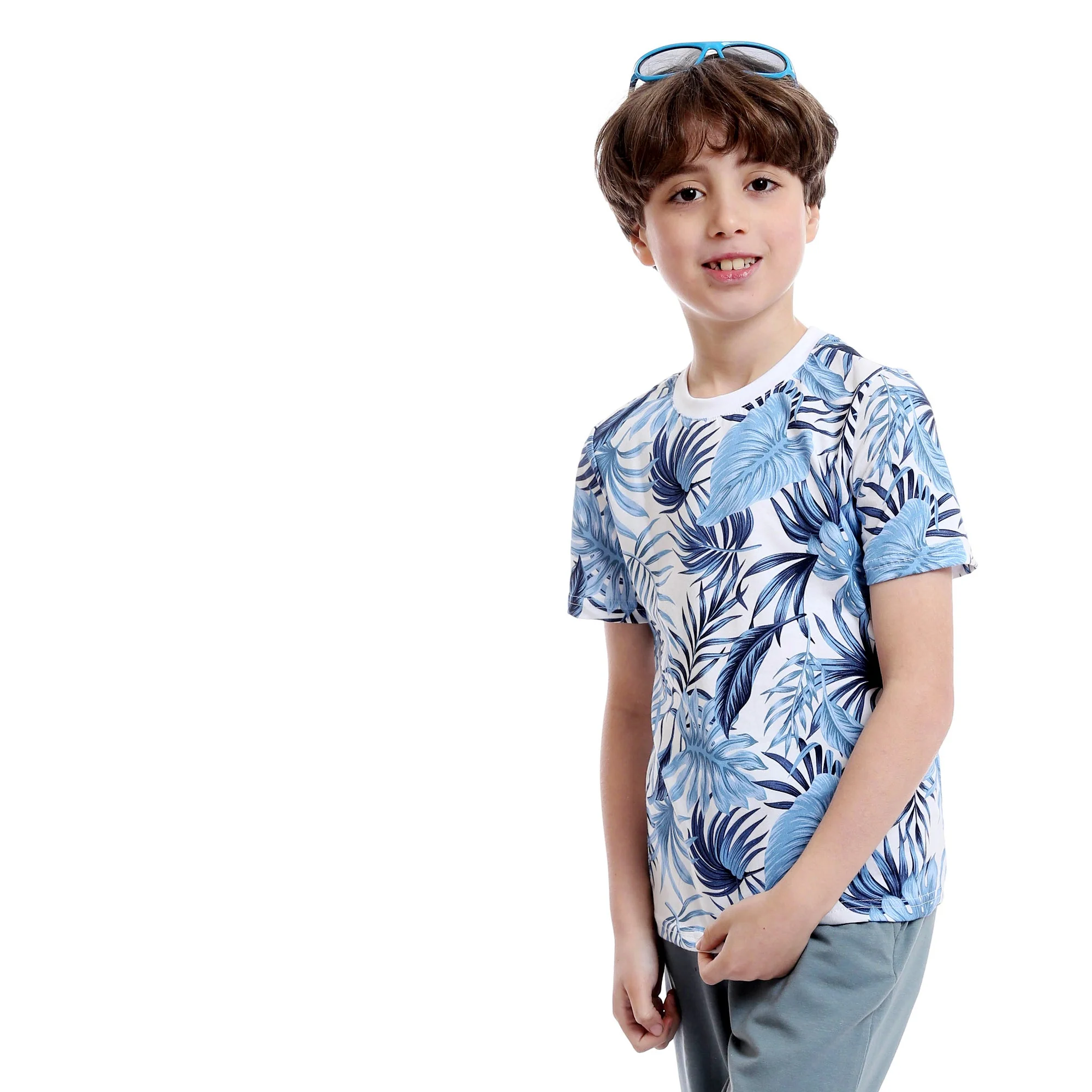Boys Tropical Leaves Slip On Pants Pajama Set - Sky Blue & Dark Grey - Image 3