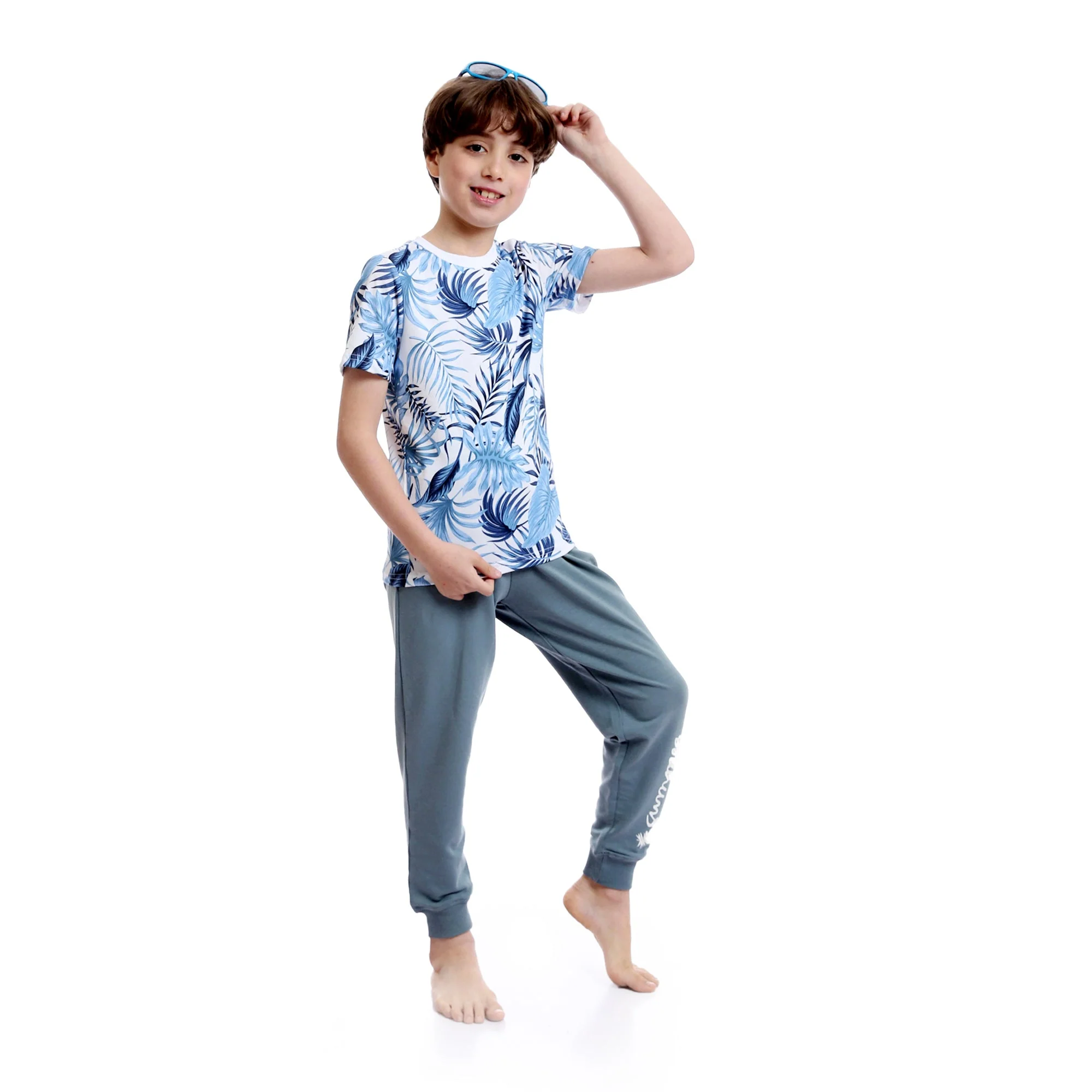 Boys Tropical Leaves Slip On Pants Pajama Set - Sky Blue & Dark Grey - Image 4