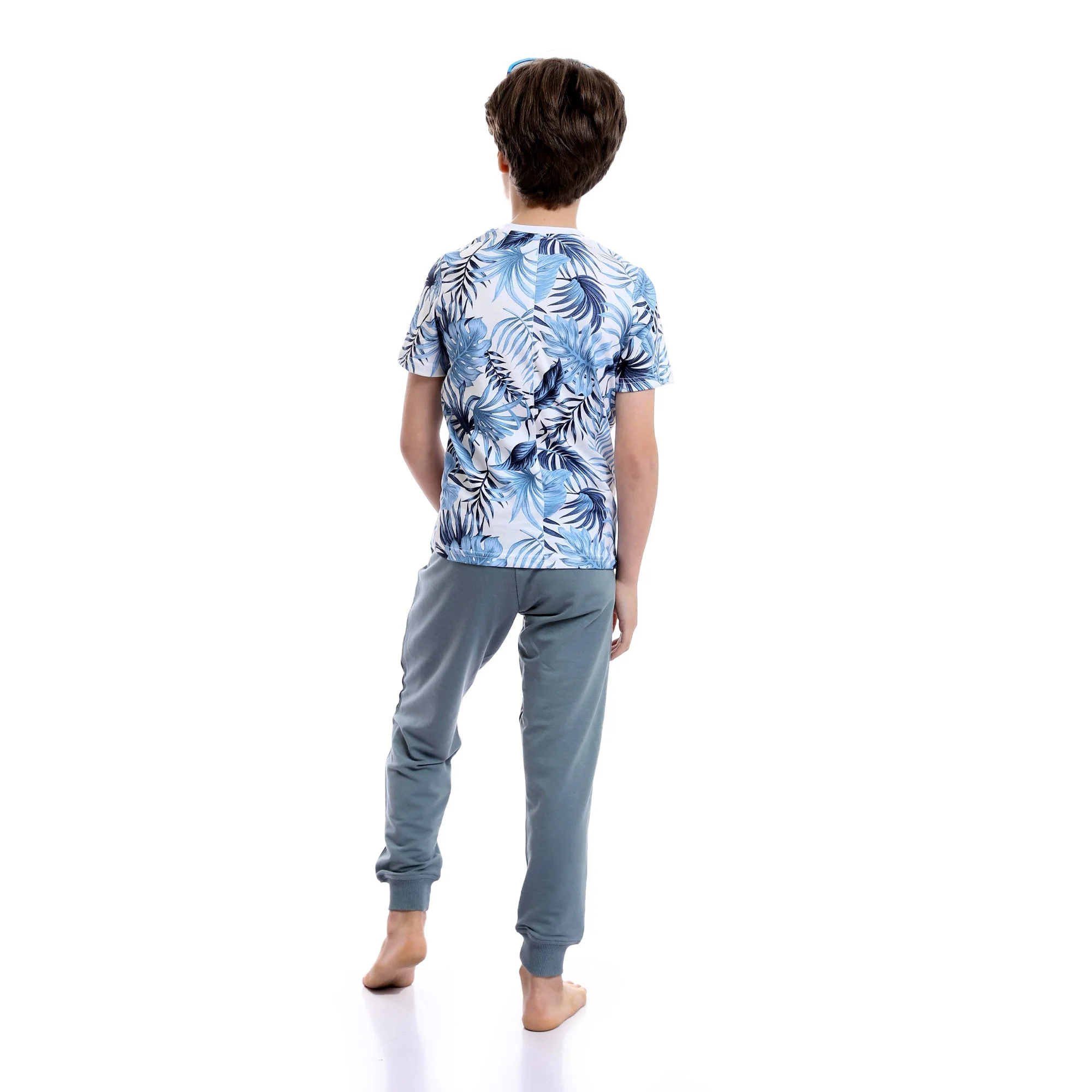 Boys Tropical Leaves Slip On Pants Pajama Set - Sky Blue & Dark Grey - Image 5