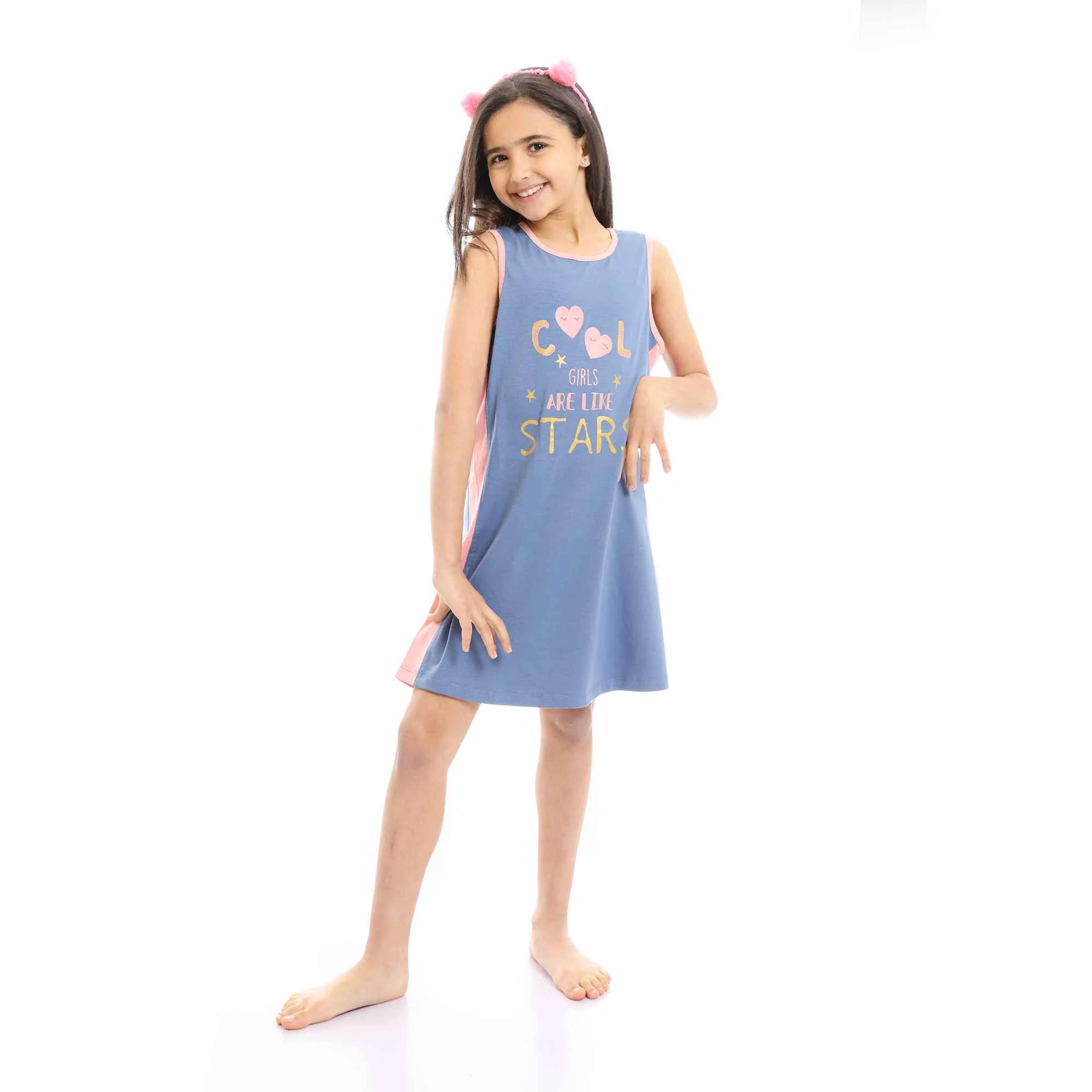 Girls Bi-Tone Printed Cool Sleeveless Nightgown - Steel Blue & Pink - Image 3