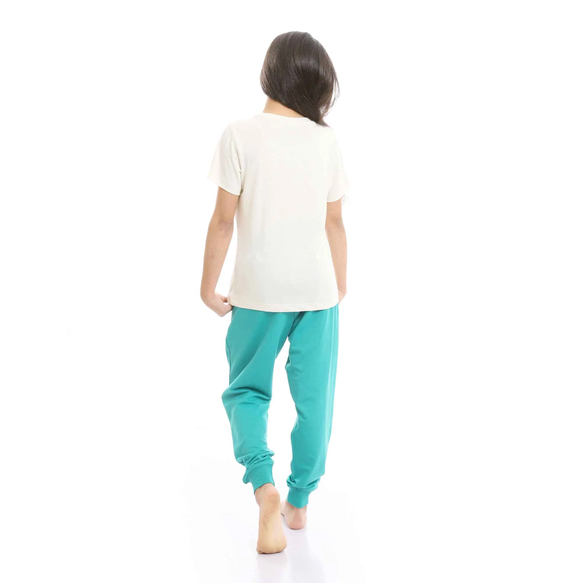 Girls Beige Printed Unicorn Cotton Tee & Tiffany Pants Pajama Set - Image 3