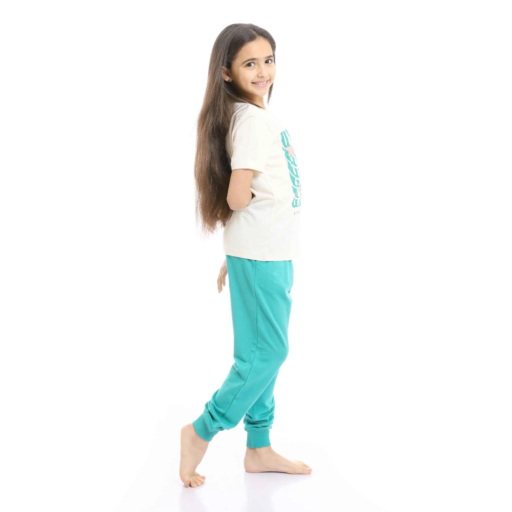 Girls Beige Printed Unicorn Cotton Tee & Tiffany Pants Pajama Set - Image 4