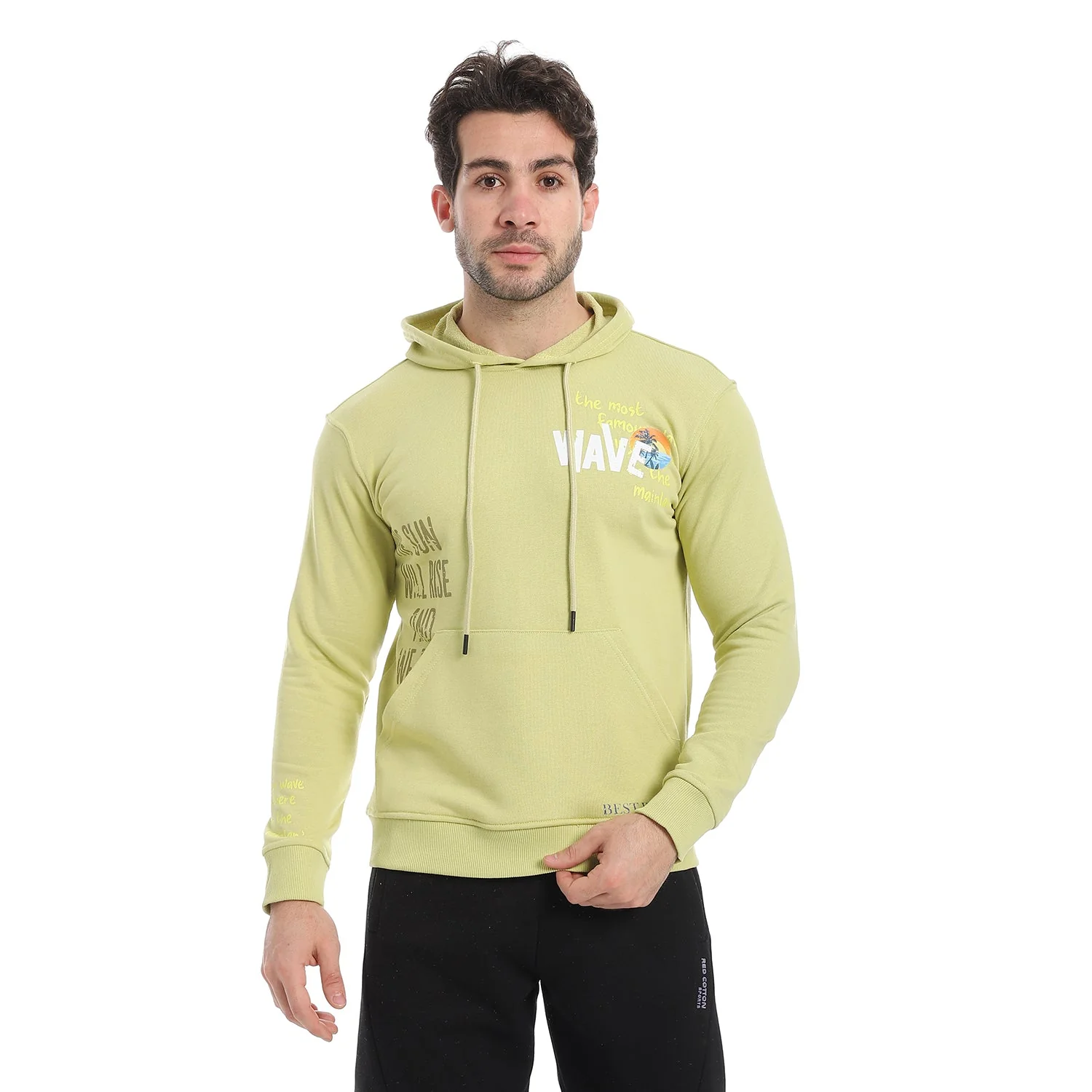 Red Cotton Hoodie With Printed -Lite Green - Image 5