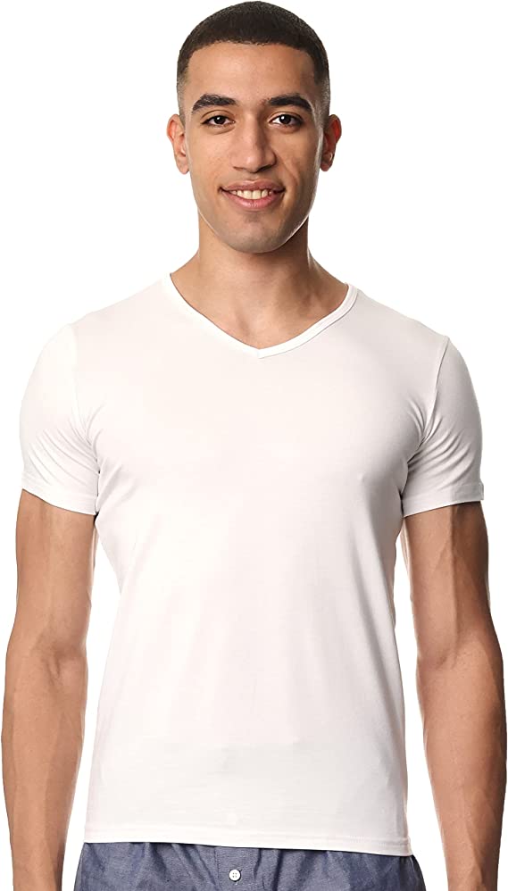 Short Sleeve Undershirt For Men - V Neck - White  - Red cotton
