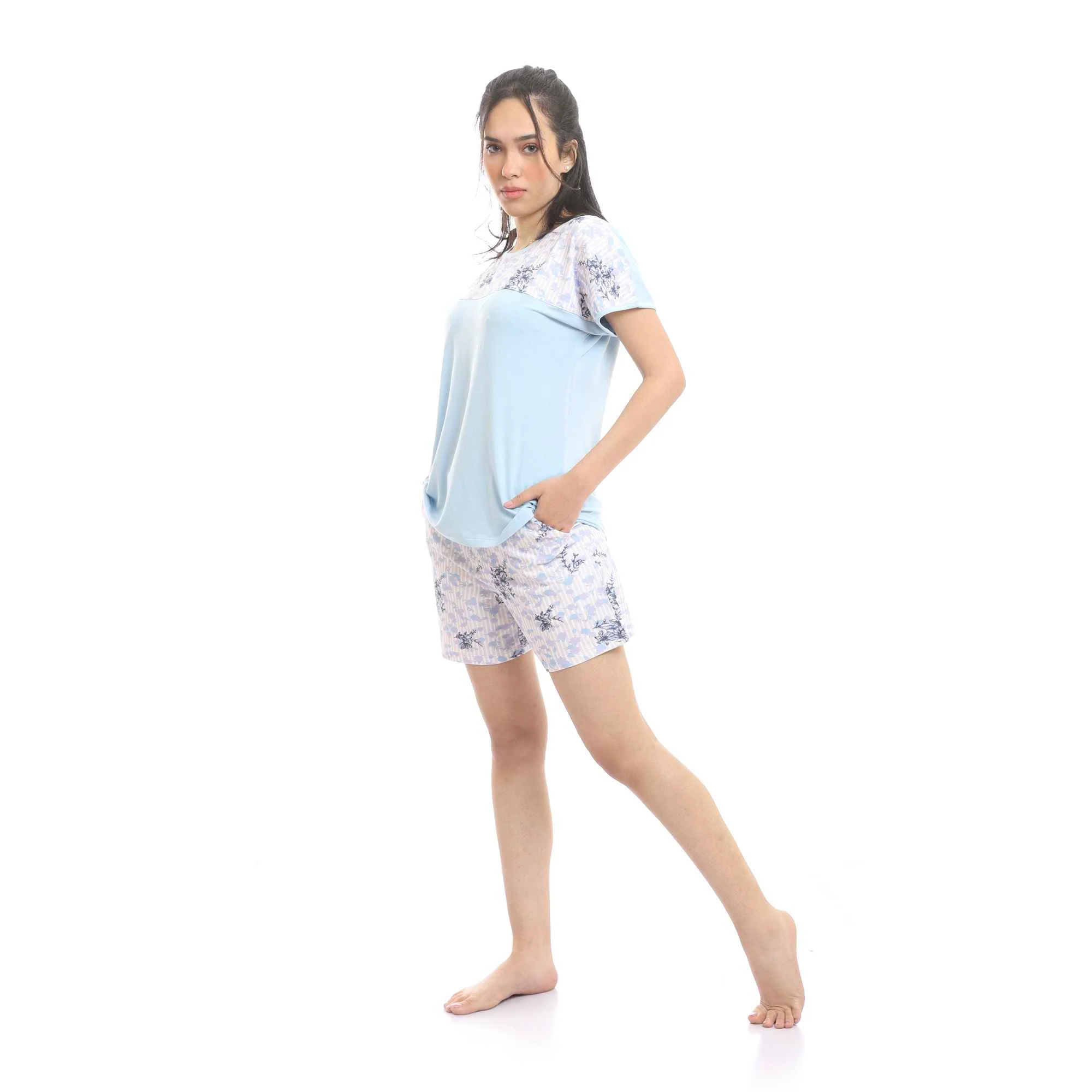 Short Sleeves Tee & Patterned Shorts Pajama Set - Baby Blue & Rose - Image 3