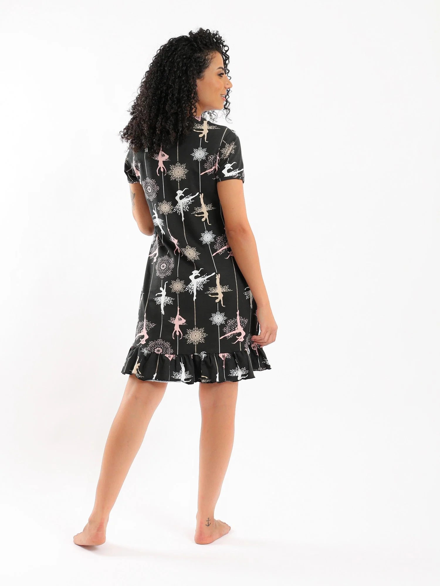 Ballerina Slip On Short Cotton Nightgown - Black - Image 2