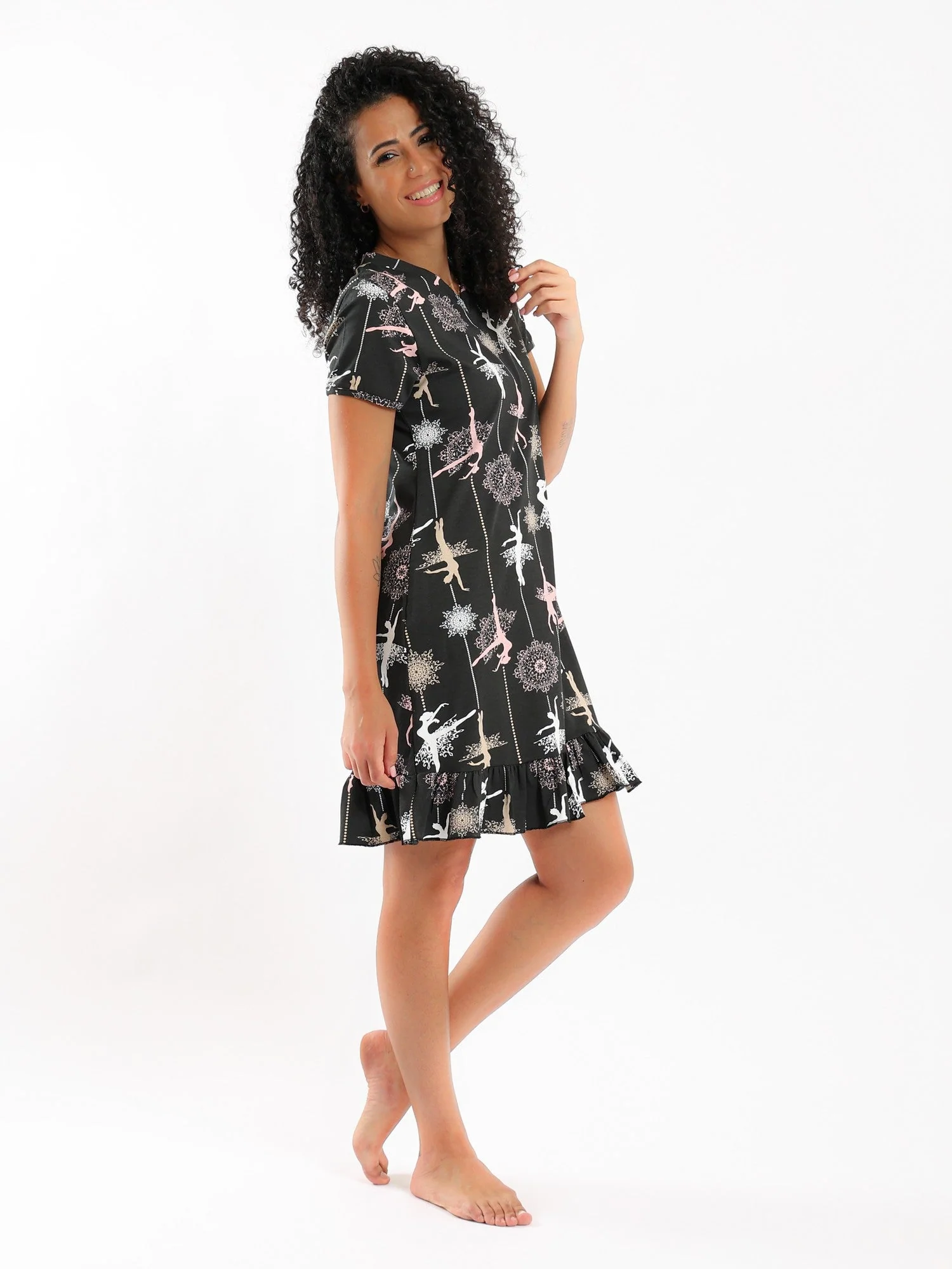 Ballerina Slip On Short Cotton Nightgown - Black - Image 3