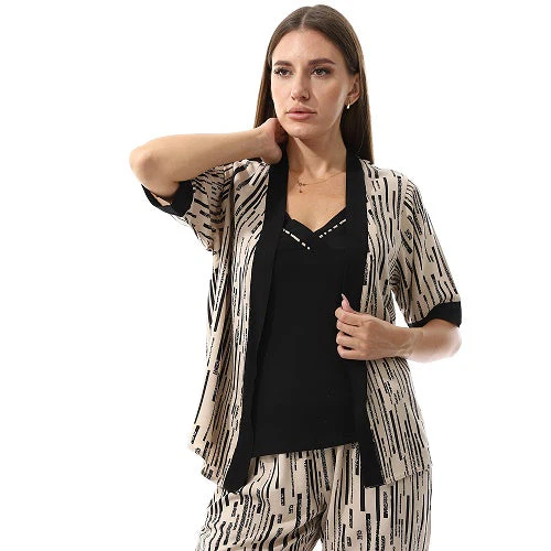 Set Of 3 Robe, Top & Pants Pajama Set For Women- Beige - Image 11