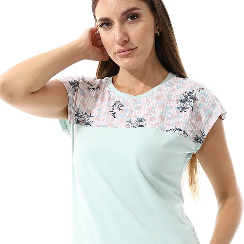 Short Sleeves Tee & Patterned Shorts Pajama Set - Mint - Image 3