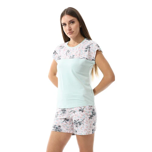 Short Sleeves Tee & Patterned Shorts Pajama Set - Mint - Image 4