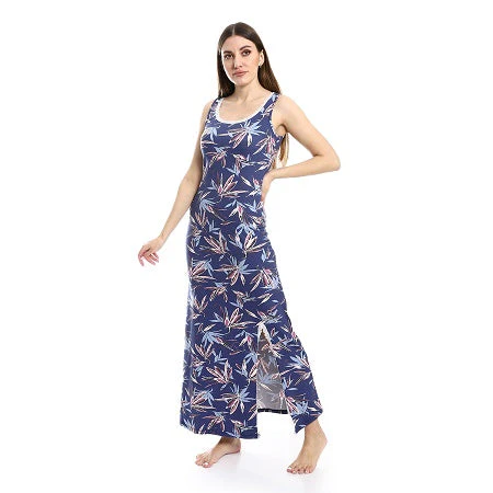 Patterned Sleeves Long Nightgown With Side Slit - Mauve