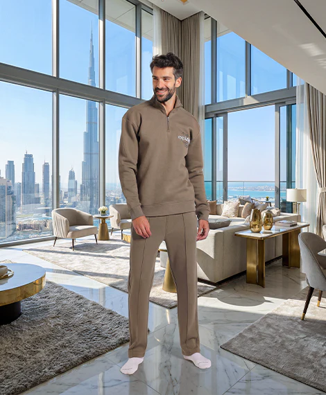 Tracksuit Loungewear Men's Quarter-Zip Oversized Set - Olive  - Red cotton