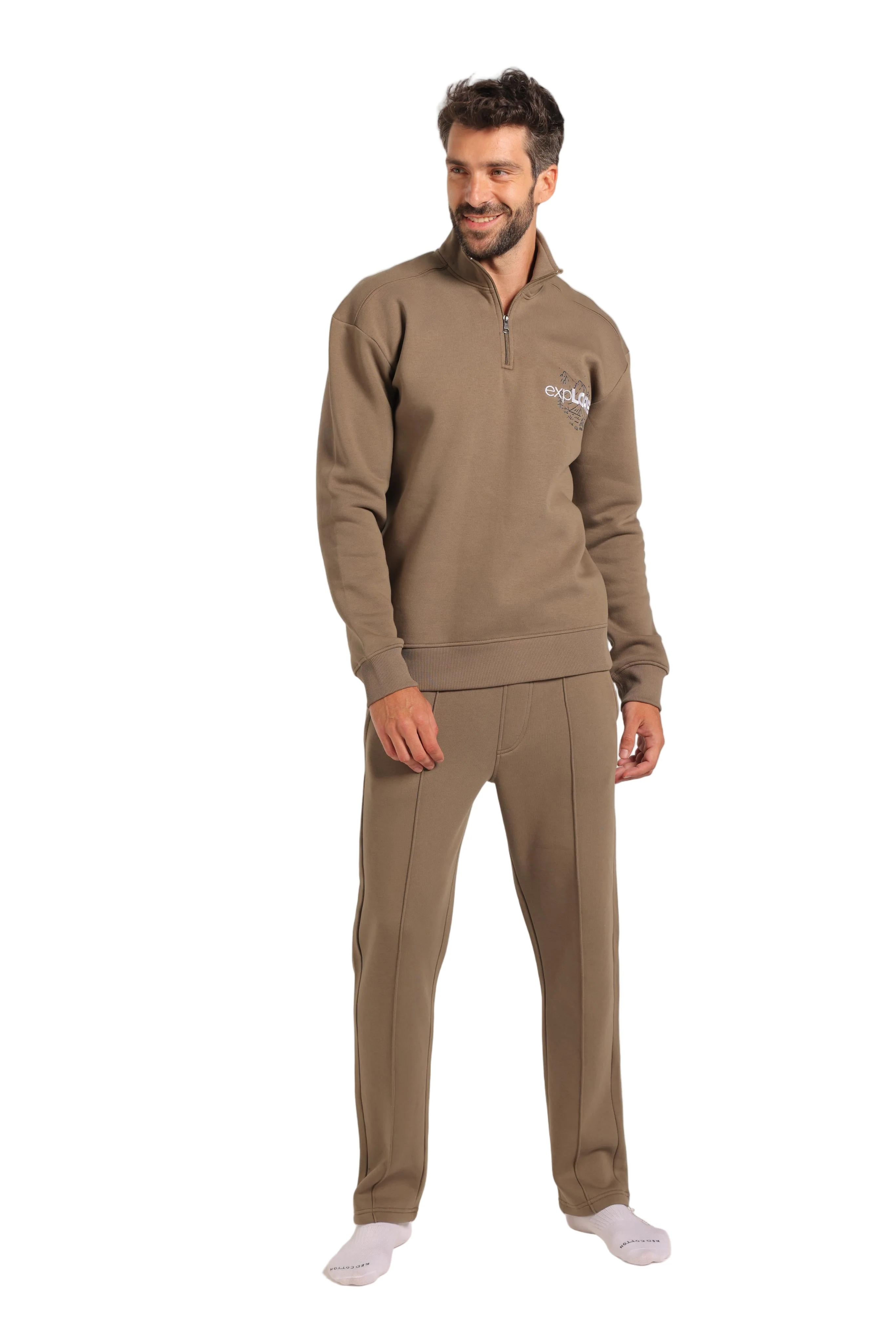 Tracksuit Loungewear Men's Quarter-Zip Oversized Set - Olive  - Red cotton - Image 2