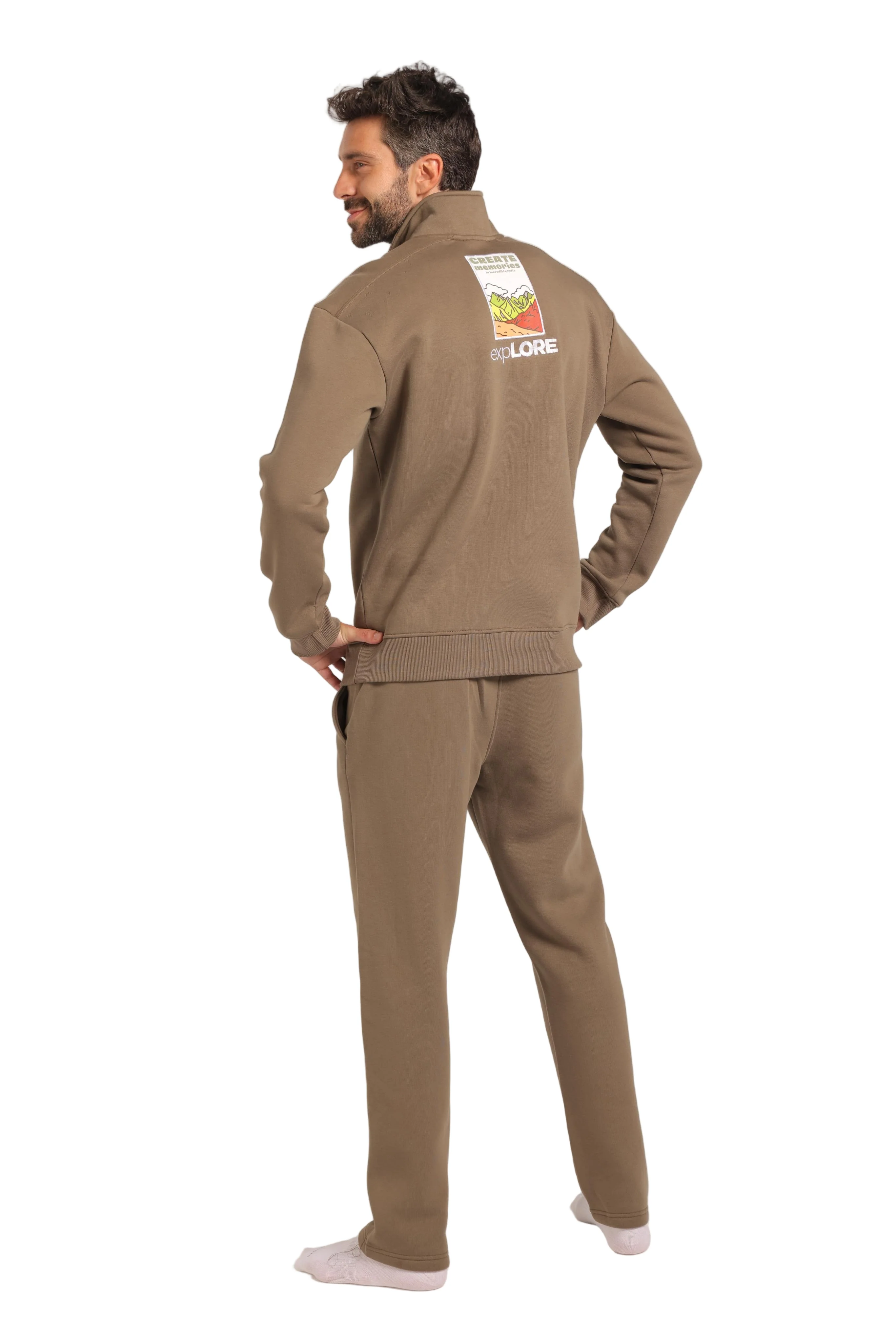 Tracksuit Loungewear Men's Quarter-Zip Oversized Set - Olive  - Red cotton - Image 3
