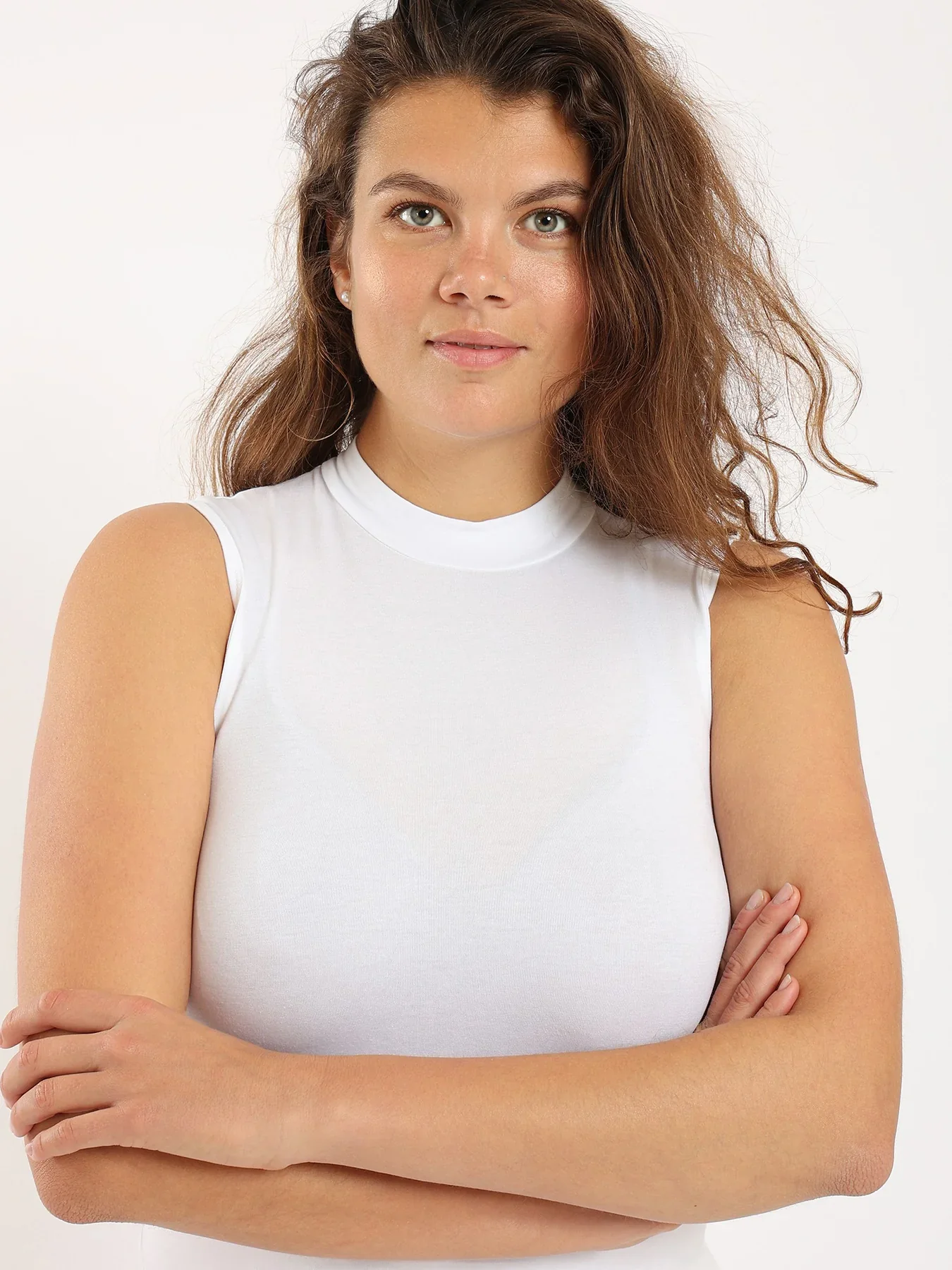 Red cotton Women Basic Shirt, High Neck, Sleeveless - White - Image 3