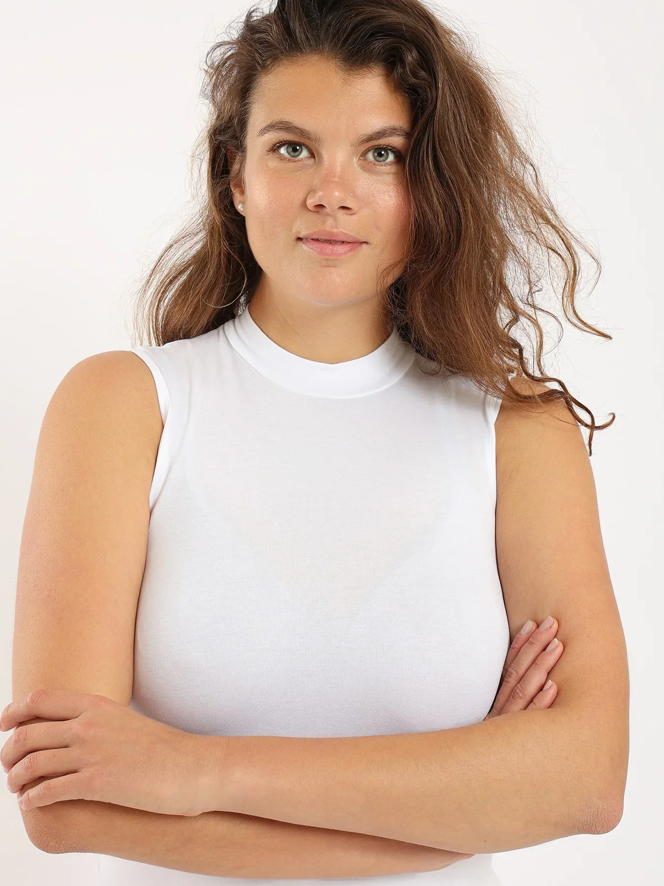 Red cotton Women Basic Shirt, High Neck, Sleeveless - White - Image 6