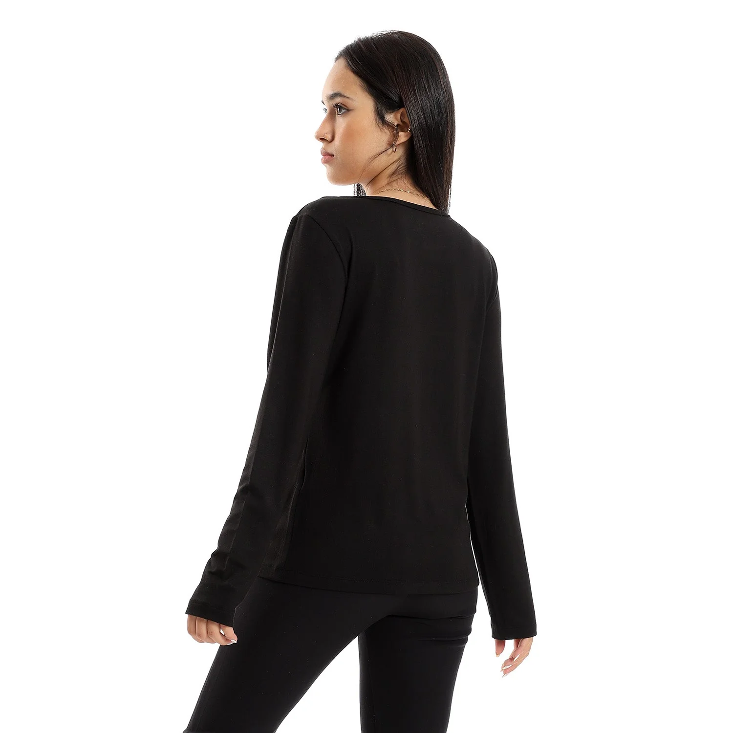 Women Basic Shirt, Round Neck, Long Sleeve - Black - Image 8