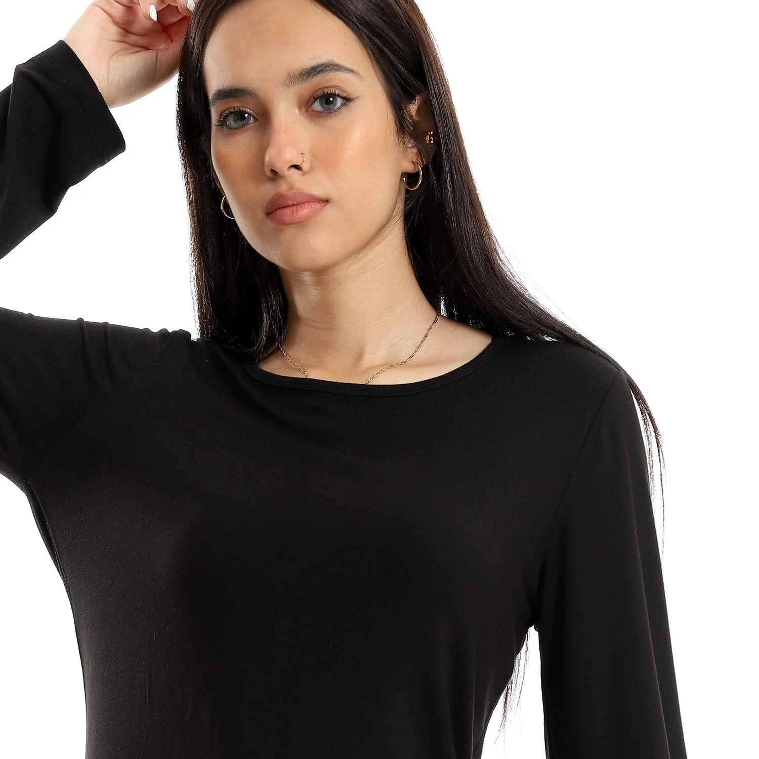 Women Basic Shirt, Round Neck, Long Sleeve - Black - Image 9