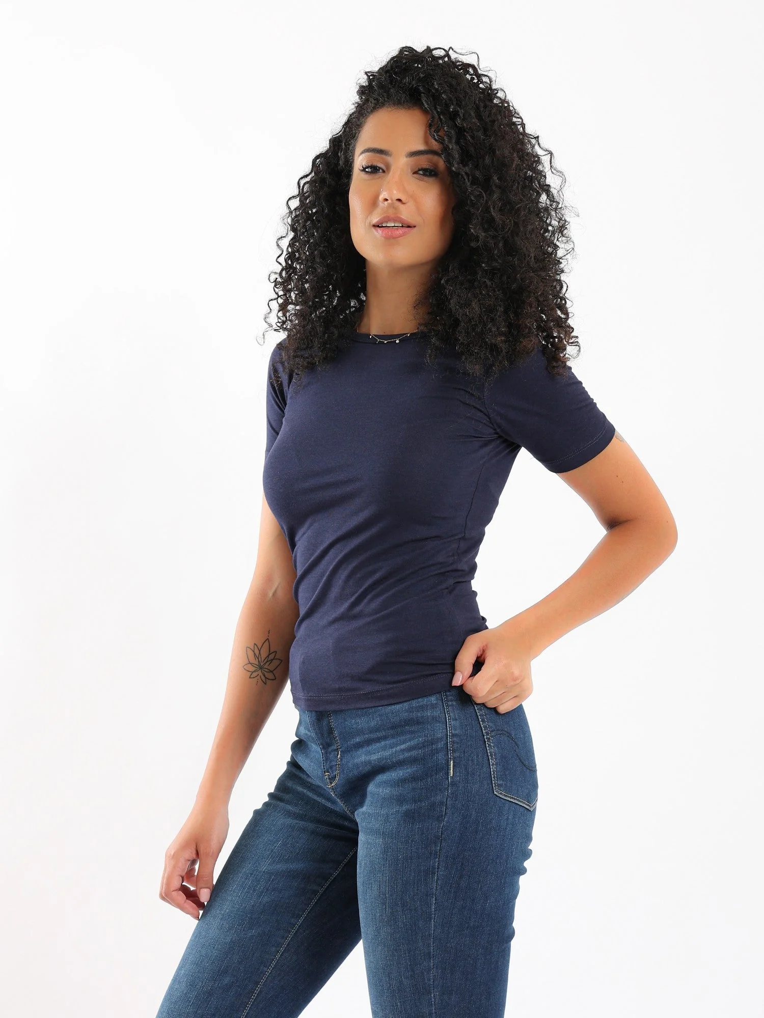 Women Basic Shirt, Short Sleeve - Navy Blue - Image 8