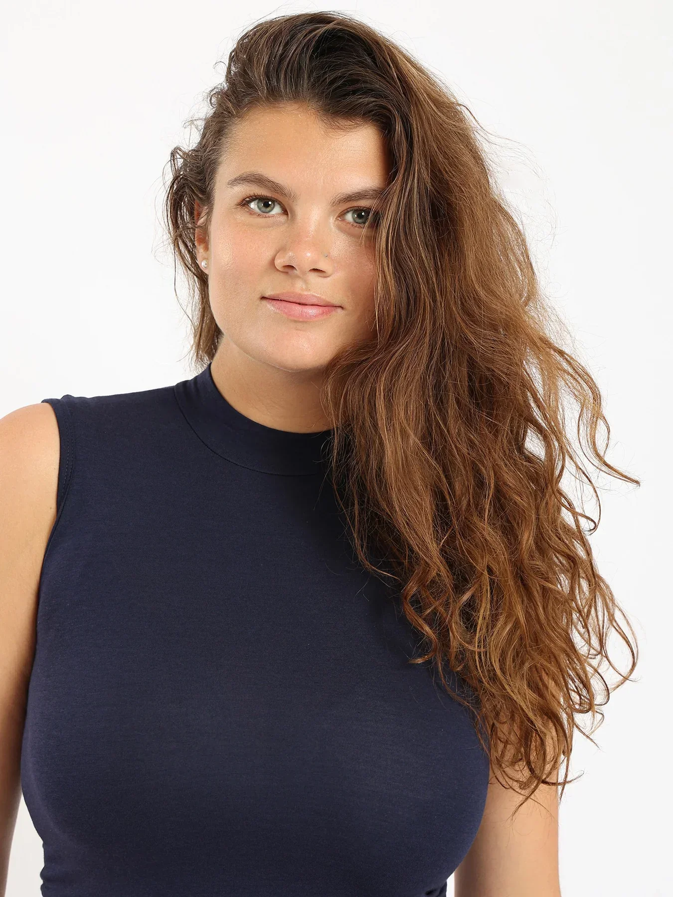 Red cotton Women High Neck Sleeveless Basic Shirt - Navy Blue - Image 6