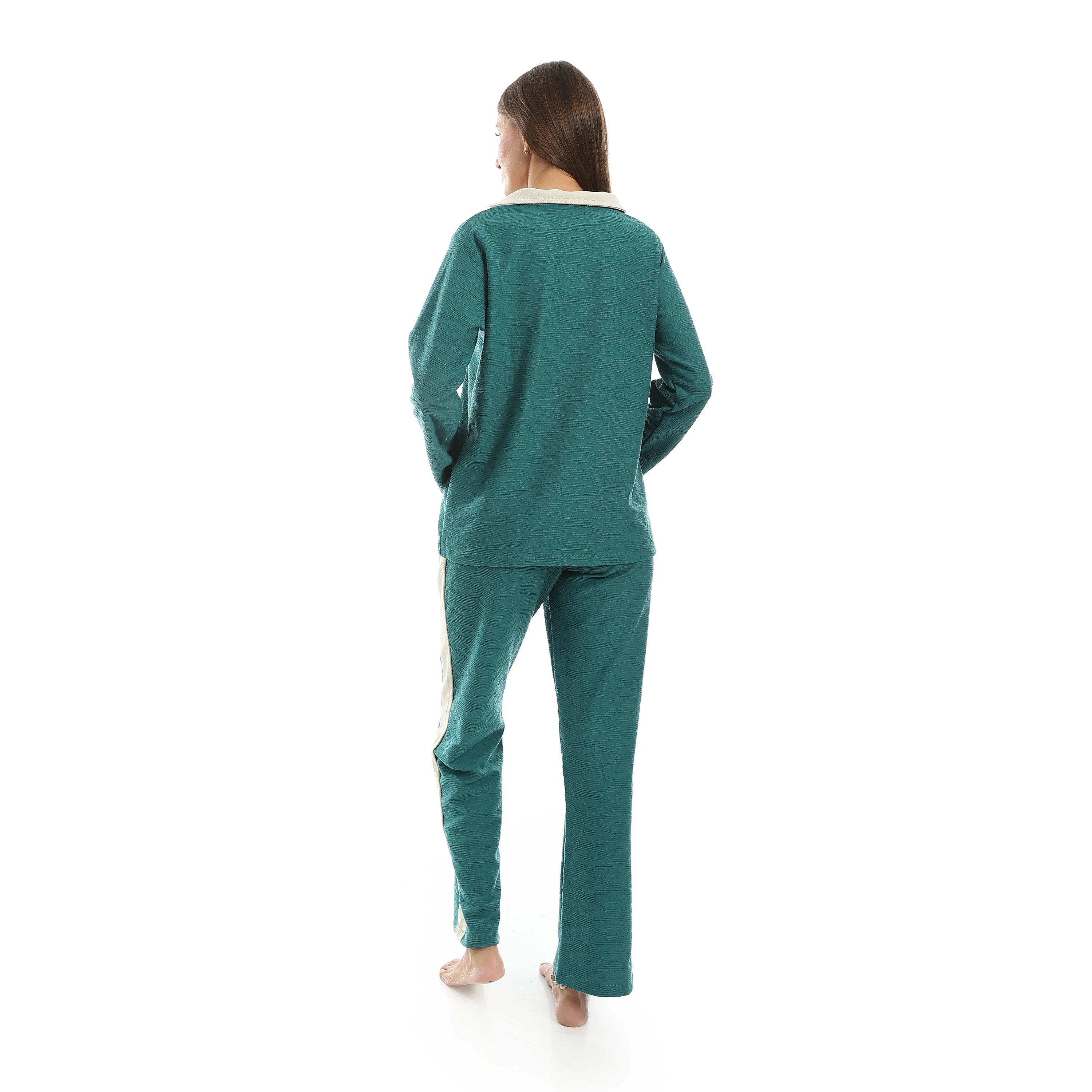 Women’s Jacquard Pajama Set – Long Sleeve Top & Pants with Beige Side Stripe -Ganzari - Image 2