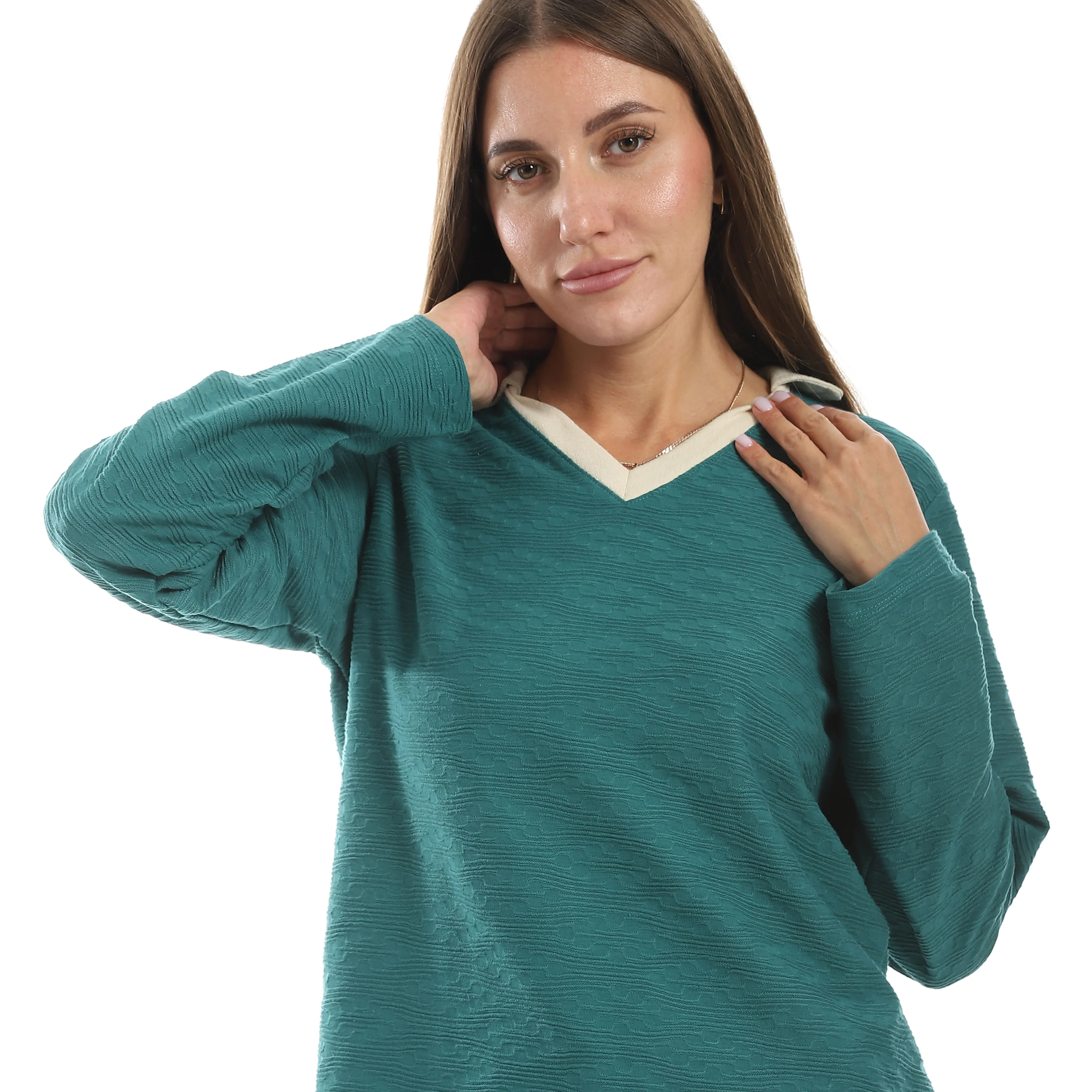 Women’s Jacquard Pajama Set – Long Sleeve Top & Pants with Beige Side Stripe -Ganzari - Image 3