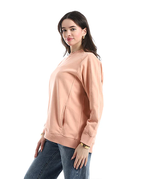Women’s Soft Peach Crewneck Sweatshirt with Side Pockets - Image 2