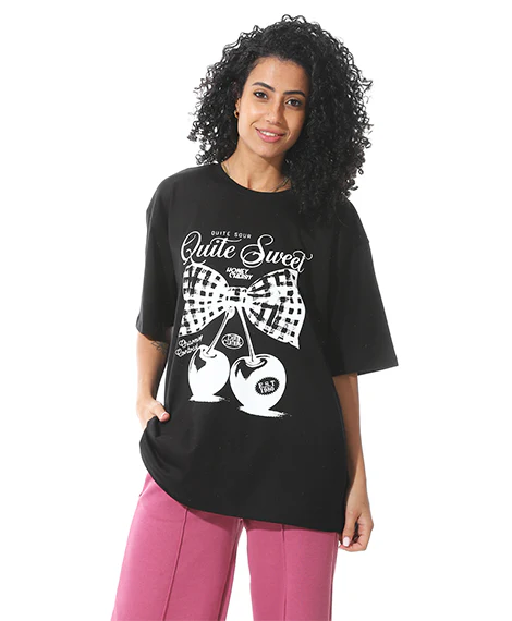 Women's Black T-shirt with White Cherry Bow Print - Image 4