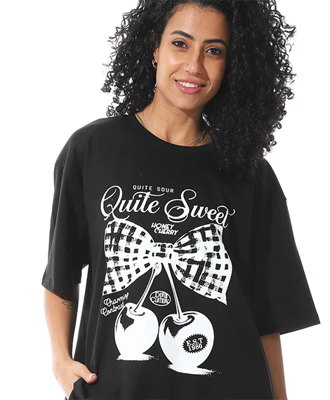 Women's Black T-shirt with White Cherry Bow Print - Image 5