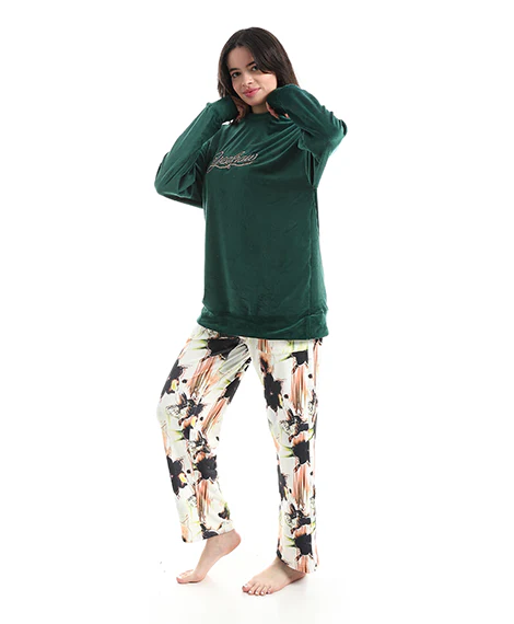 Women's Emerald Velvet Embroidered Loungewear Set - Image 2