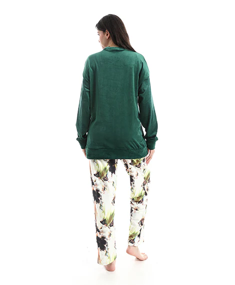 Women's Emerald Velvet Embroidered Loungewear Set - Image 3