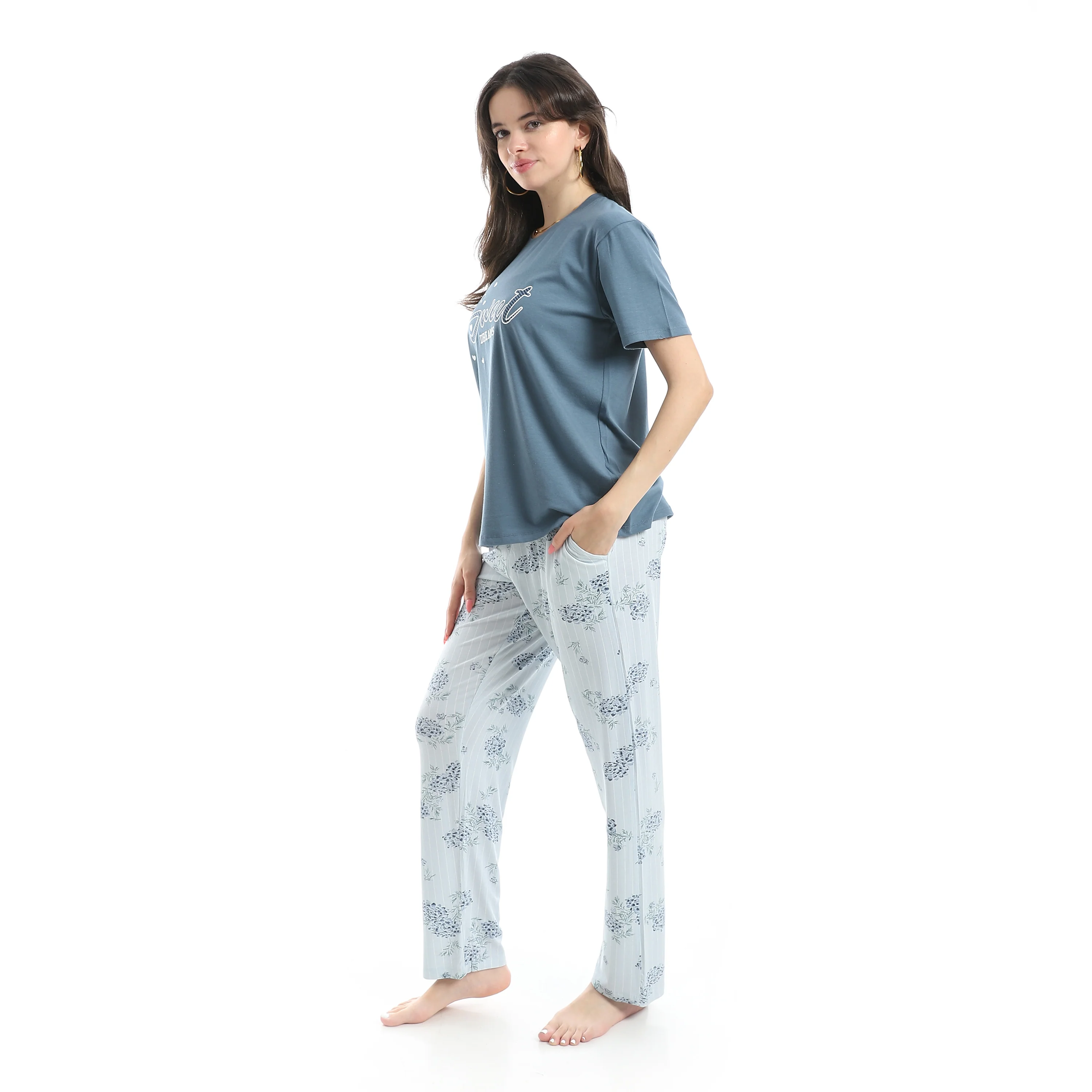 Women's Summer Pajama - Floral Pants - Indigo - Image 4