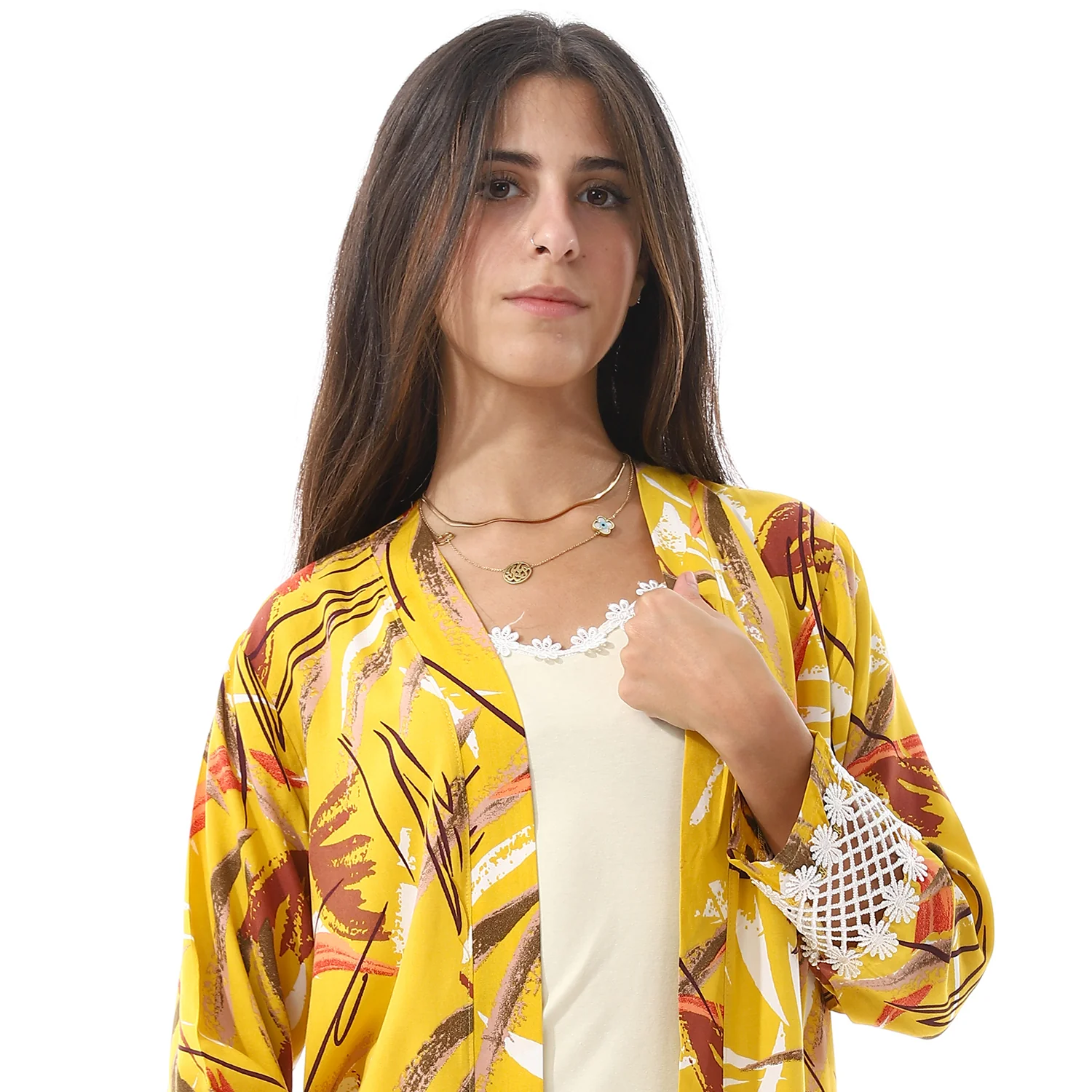 Yellow Solid Short Nightgown & Colorful Floral Robe Set - Image 3